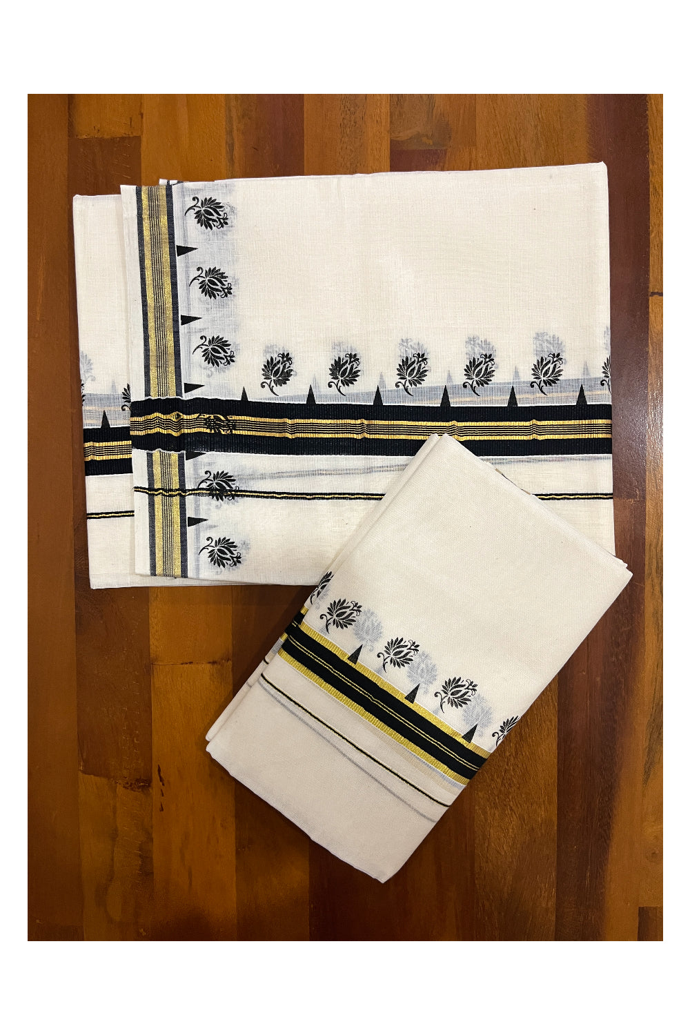 Kerala Cotton Single Kasavu Set Mundu (Mundum Neriyathum) with Black Block Prints on Border