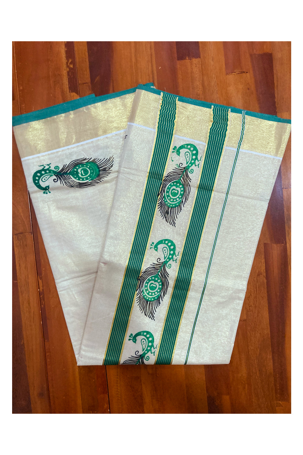 Kerala Tissue Kasavu Saree with Green and Black Peacock Block Printed Design