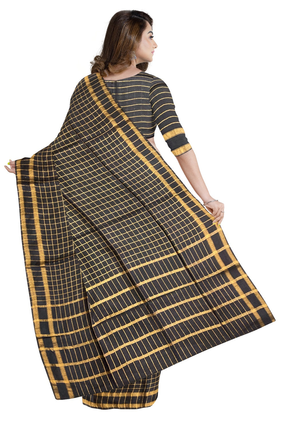 Southloom Cotton Kasavu Designer Checks in Black Saree