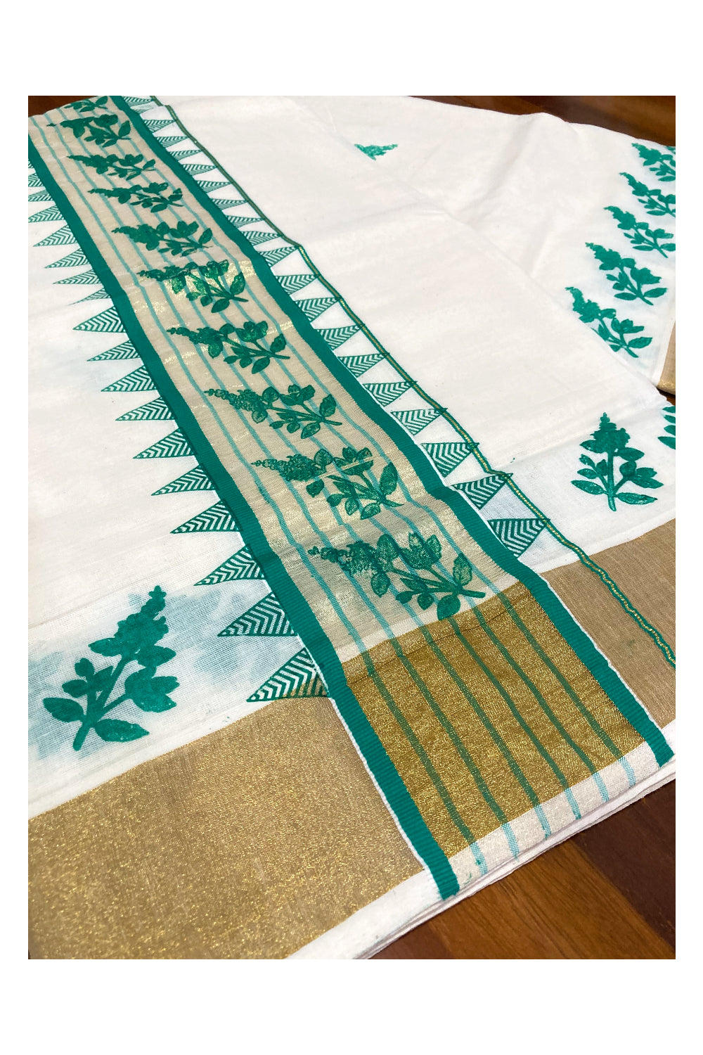 Pure Cotton Kerala Kasavu Saree with Turquoise Block Printed Design