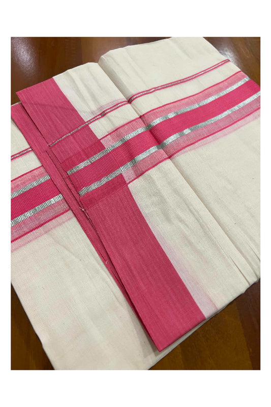 Off White Kerala Double Mundu with Silver Kasavu and Pink Border (South Indian Kerala Dhoti)