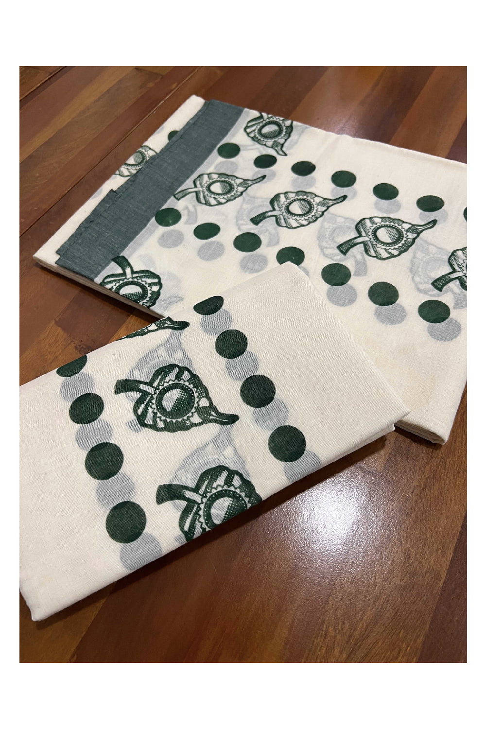 Kerala Cotton Set Mundu (Mundum Neriyathum) with Green Polka Leaf Block Prints on Border