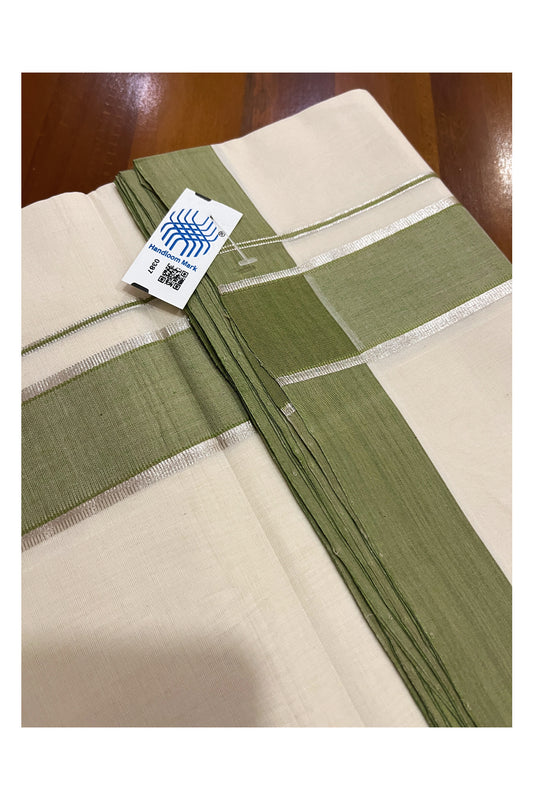 Southloom Premium Unakkupaavu Handloom Mundu with Silver Kasavu and Green Border (South Indian Dhoti)