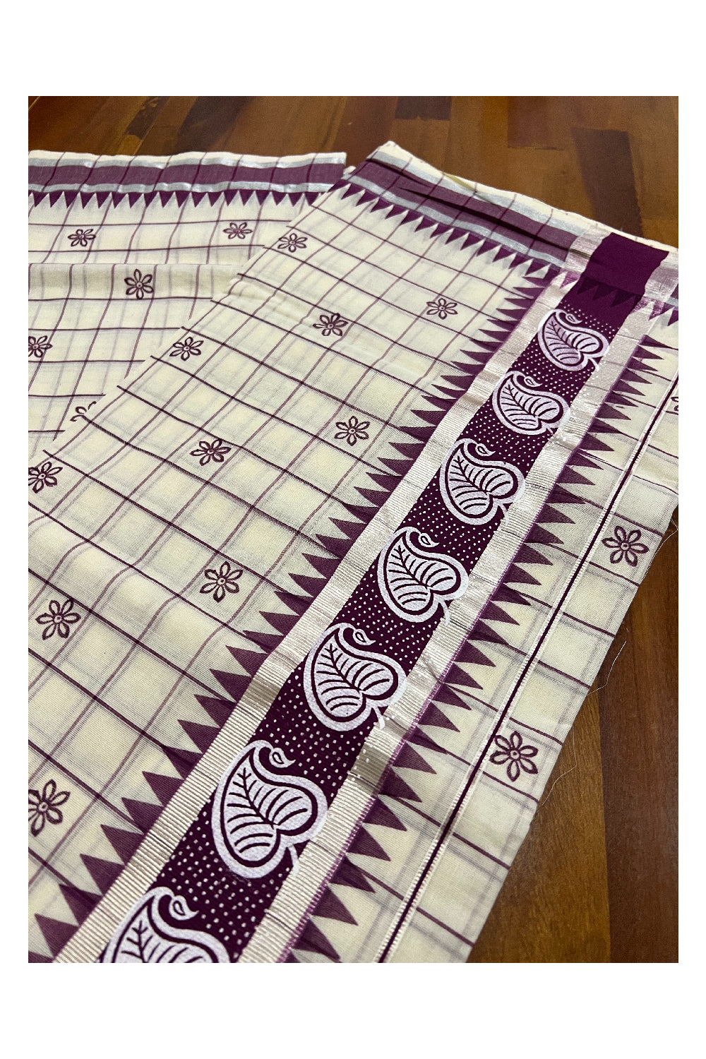 Pure Cotton Kerala Checkered Floral Block Printed Saree with Purple and Silver Kasavu Border