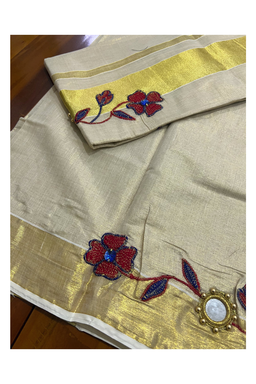 Kerala Tissue Kasavu Set Mundu (Mundum Neriyathum) with Floral Embroidery Handwork Design