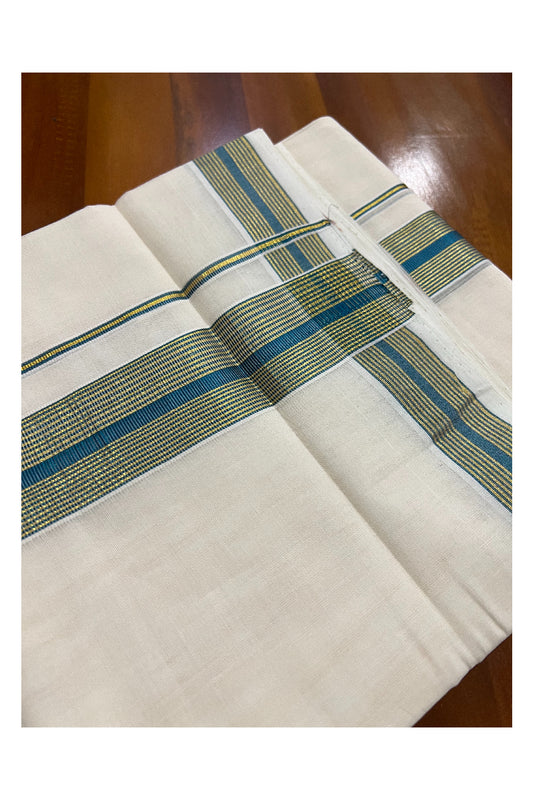 Southloom Kuthampully Handloom Pure Cotton Mundu with Golden and Teal Blue Kasavu Border (South Indian Dhoti)