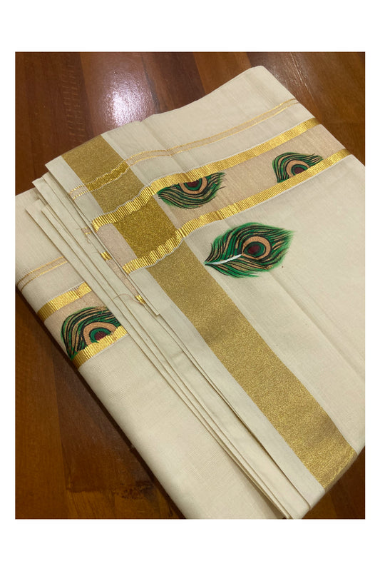 Off White Pure Cotton Double Mundu with Mural Prints on Kasavu Kara (South Indian Dhoti)