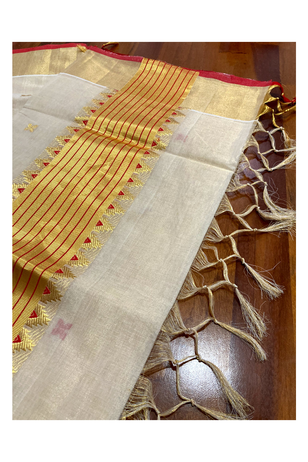 Southloom™ Premium Handloom Tissue Kasavu Saree with Golden and Red Floral Work