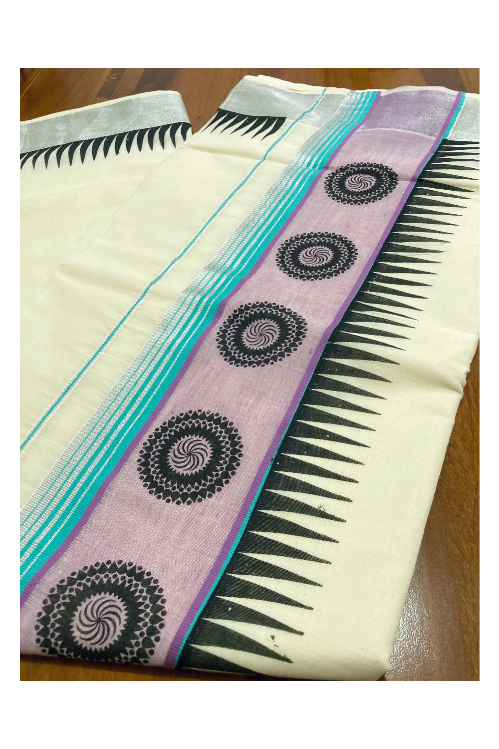 Pure Cotton Silver Kasavu Kerala Saree with Black Block Prints on Violet Turquoise Border