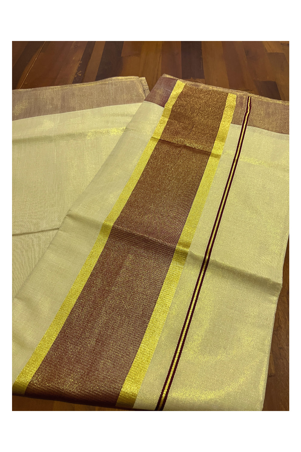 Kerala Tissue Kasavu Plain Saree with Maroon and Kasavu Border