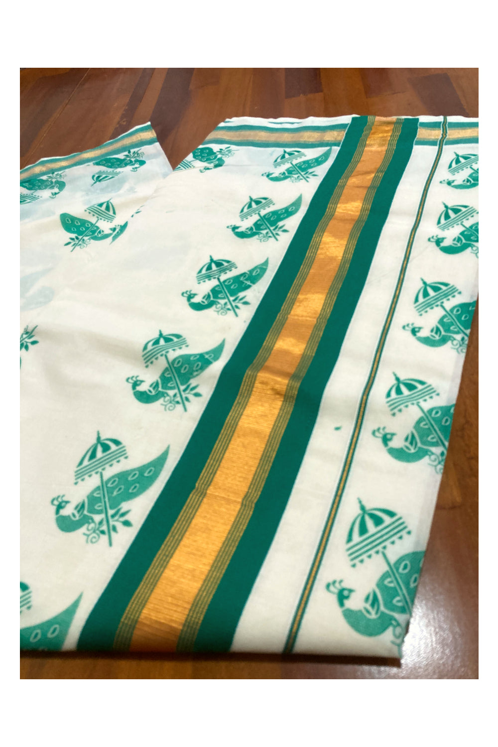 Pure Cotton Kerala Saree with Green Peacock Block Printed Design and Kasavu Border