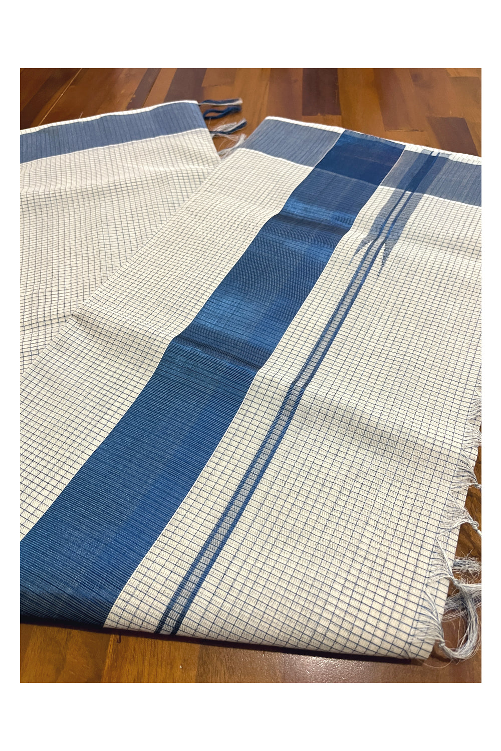 Southloom™ Handloom Kerala Premium Saree with Blue Kasavu Micro Check Design Body