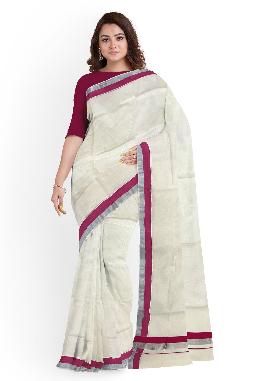 Kerala Pure Cotton Plain Saree with Silver Kasavu and Rose Border