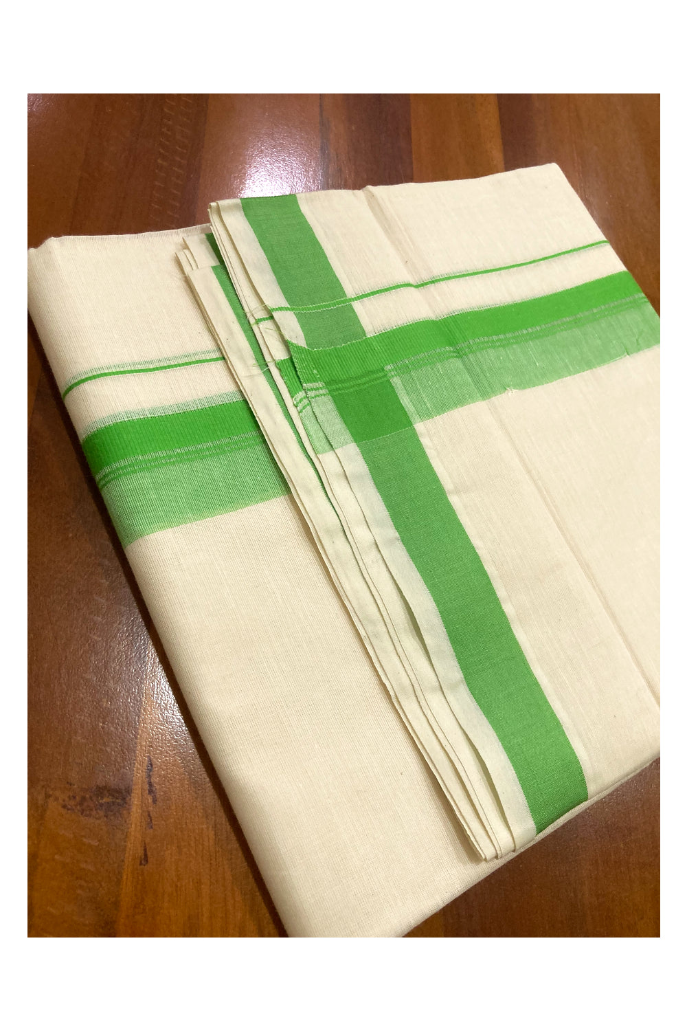 Off White Pure Cotton Double Mundu with Green Border (South Indian Dhoti)