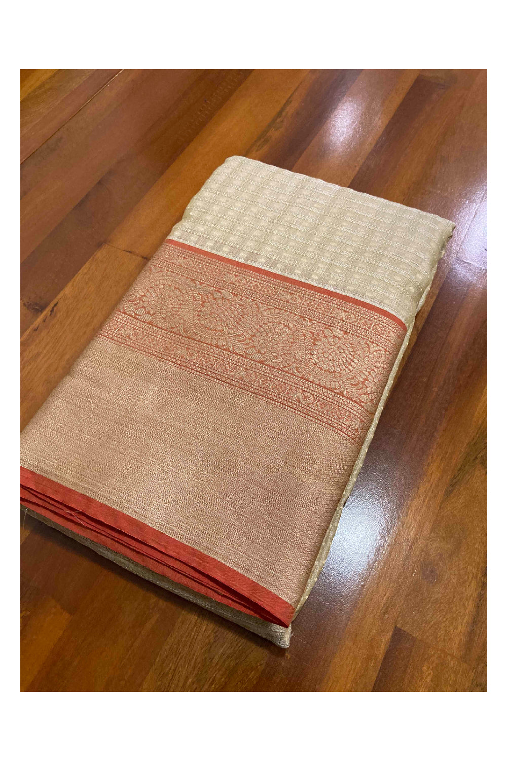Southloom Handloom Pure Silk Kanchipuram Saree in Beige Zari Motifs