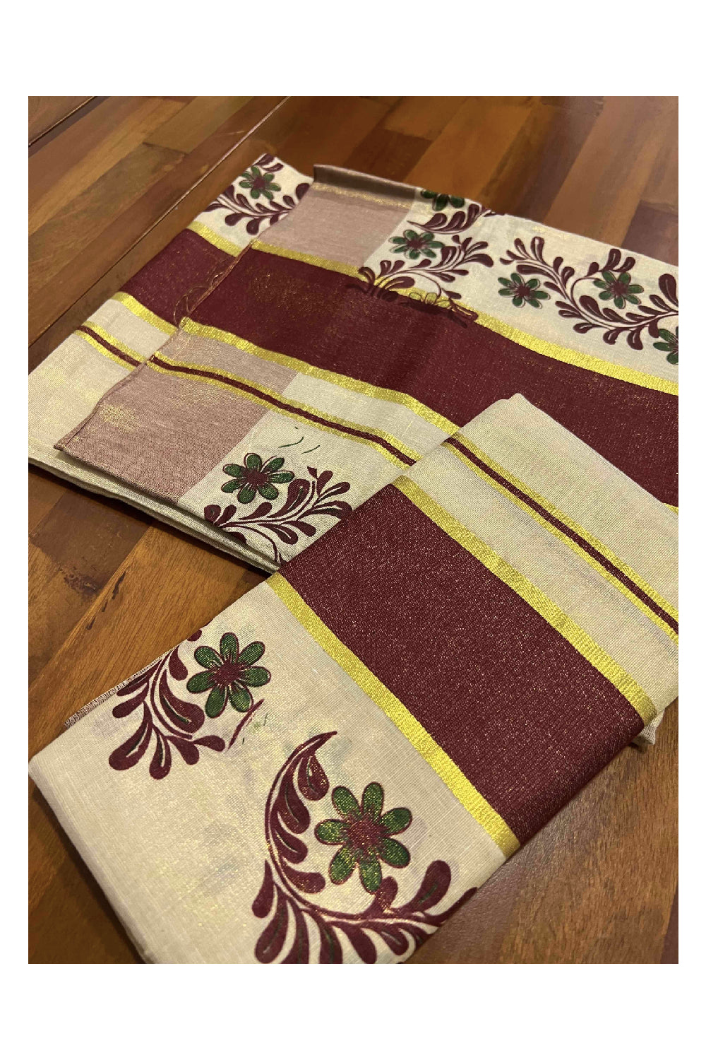 Kerala Tissue Kasavu Set Mundu (Mundum Neriyathum) with Maroon Block Printed Pallu