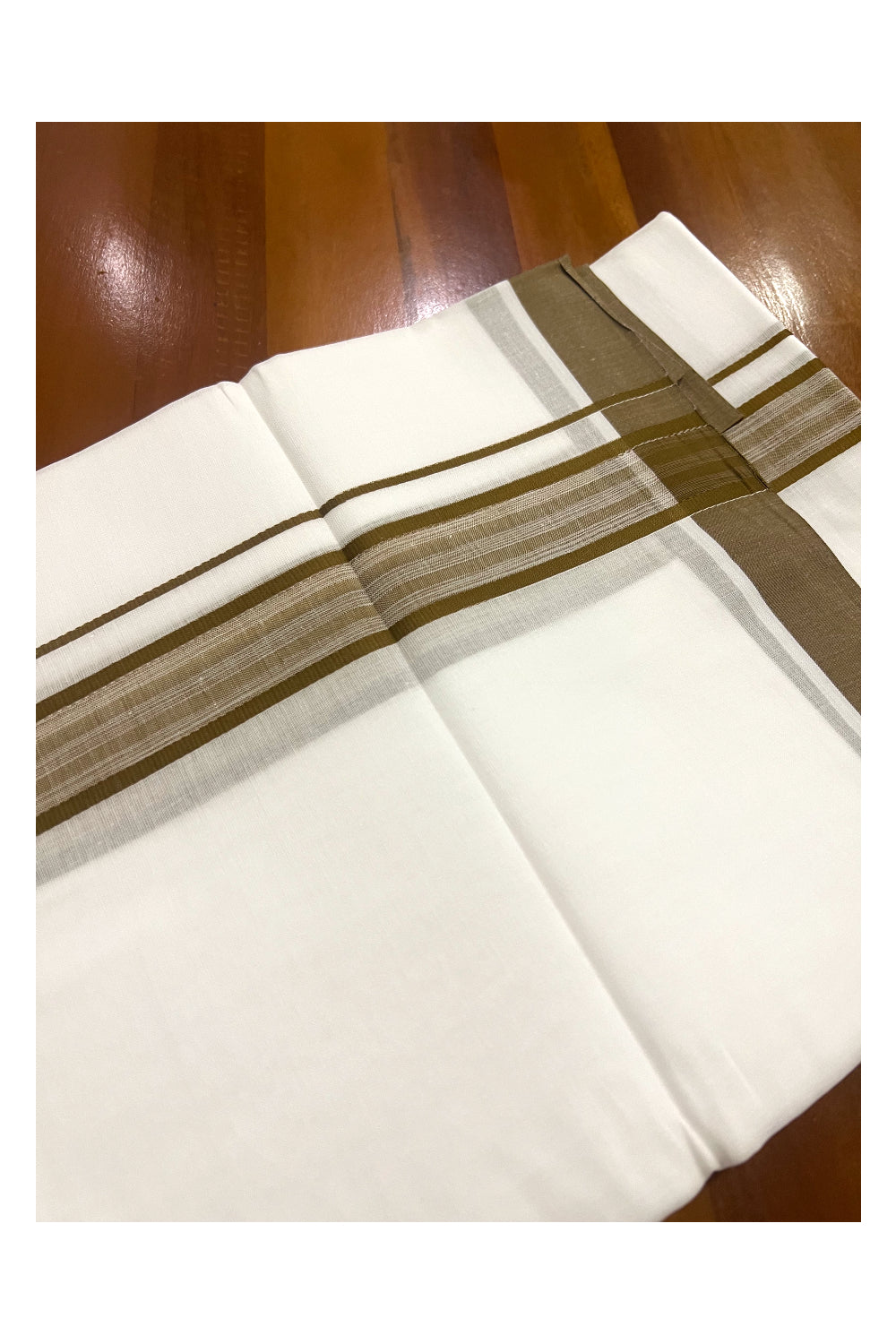 Pure White Cotton Double Mundu with Olive Yellow Border (South Indian Dhoti)