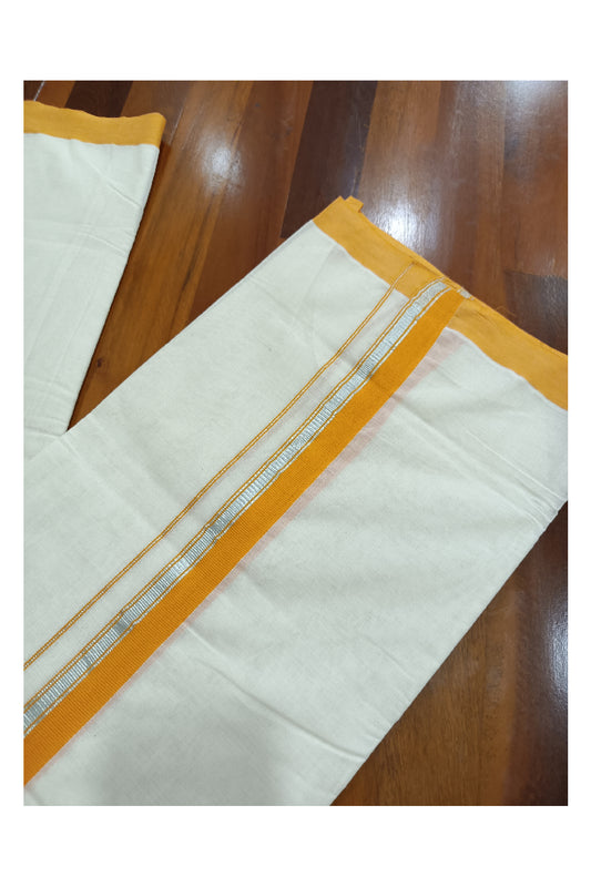 Off White Kerala Double Mundu with Silver Kasavu and Orange Kara (South Indian Dhoti)