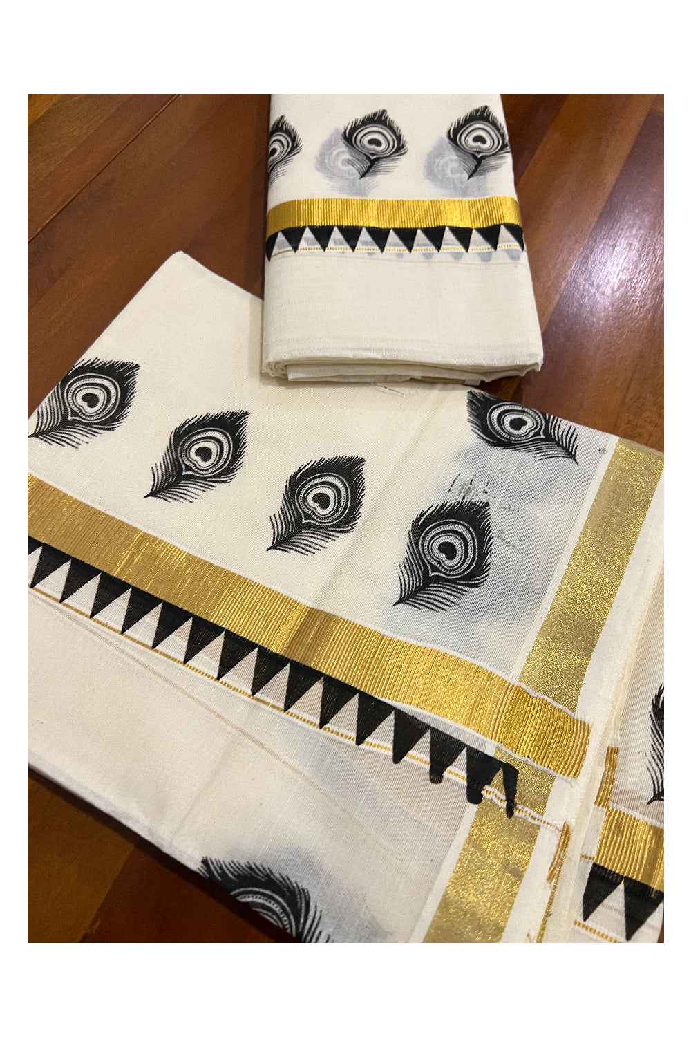 Cotton Kasavu Set Mundu (Mundum Neriyathum) with Black Block Feather Temple Prints on Border