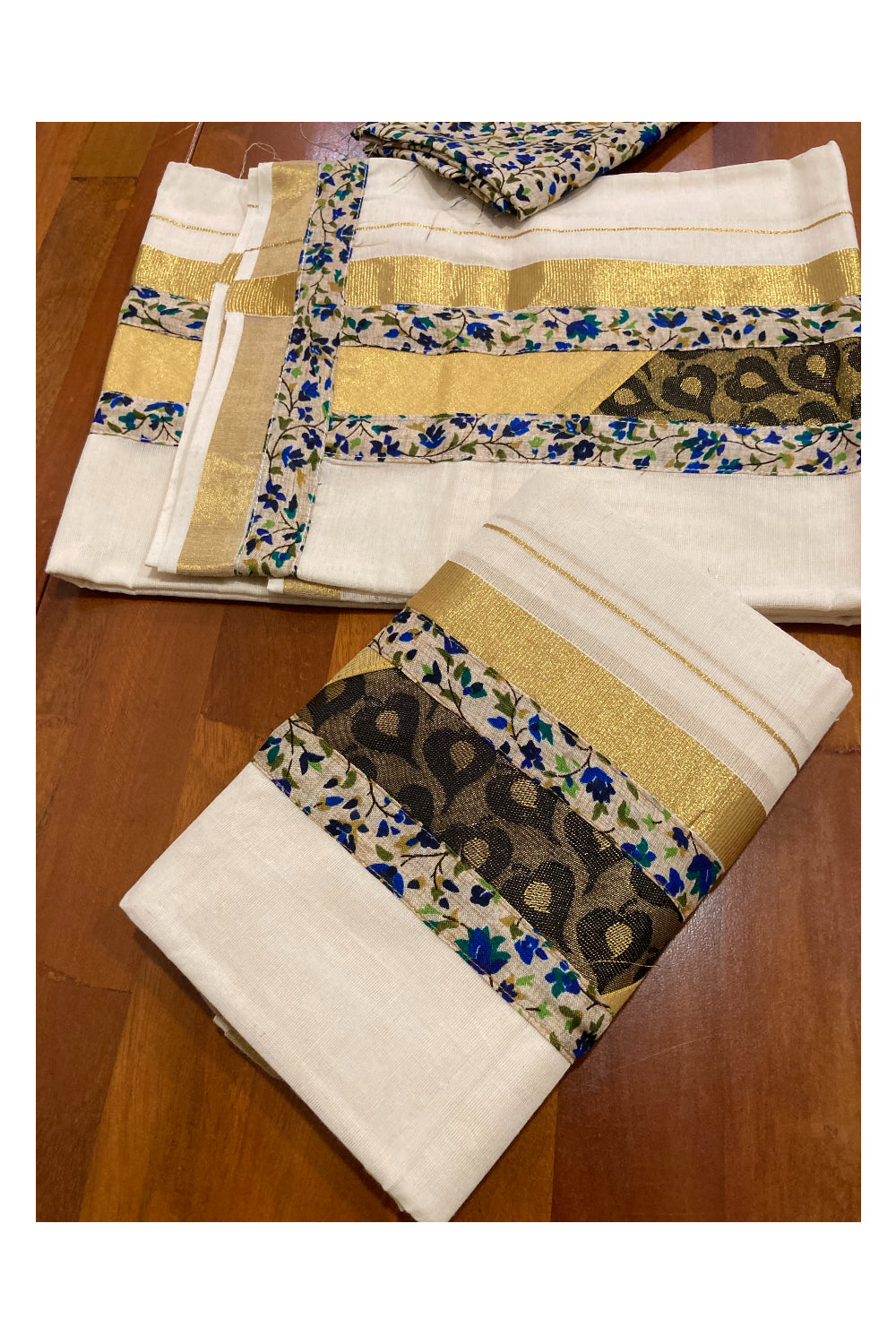 Kerala Cotton Fusion Art Set Mundu (Mundum Neriyathum) with Kasavu and Floral Figures on Beige Border 2.80 Mtrs