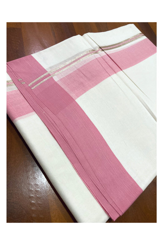 Pure White Kerala Cotton Double Mundu with Silver Kasavu and Pink Border (South Indian Dhoti)