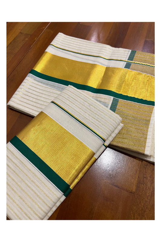 Kerala Cotton Set Mundu (Mundum Neriyathum) with Kasavu Stripes on Body and Green Border 2.80 Mtrs