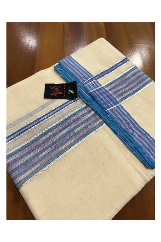 Southloom Balaramapuram Pure Cotton Handloom Mundu with Silver Kasavu and Blue Lines Border