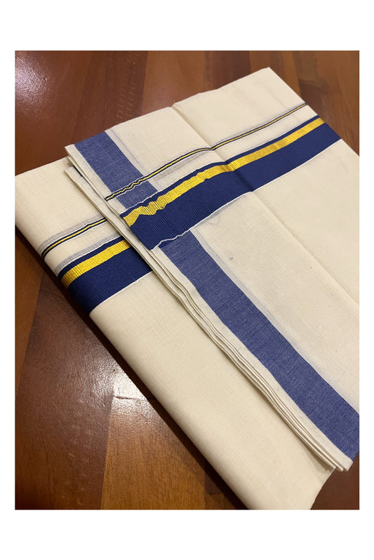 Pure Cotton Double Mundu with Blue and Kasavu Kara (South Indian Kerala Dhoti)