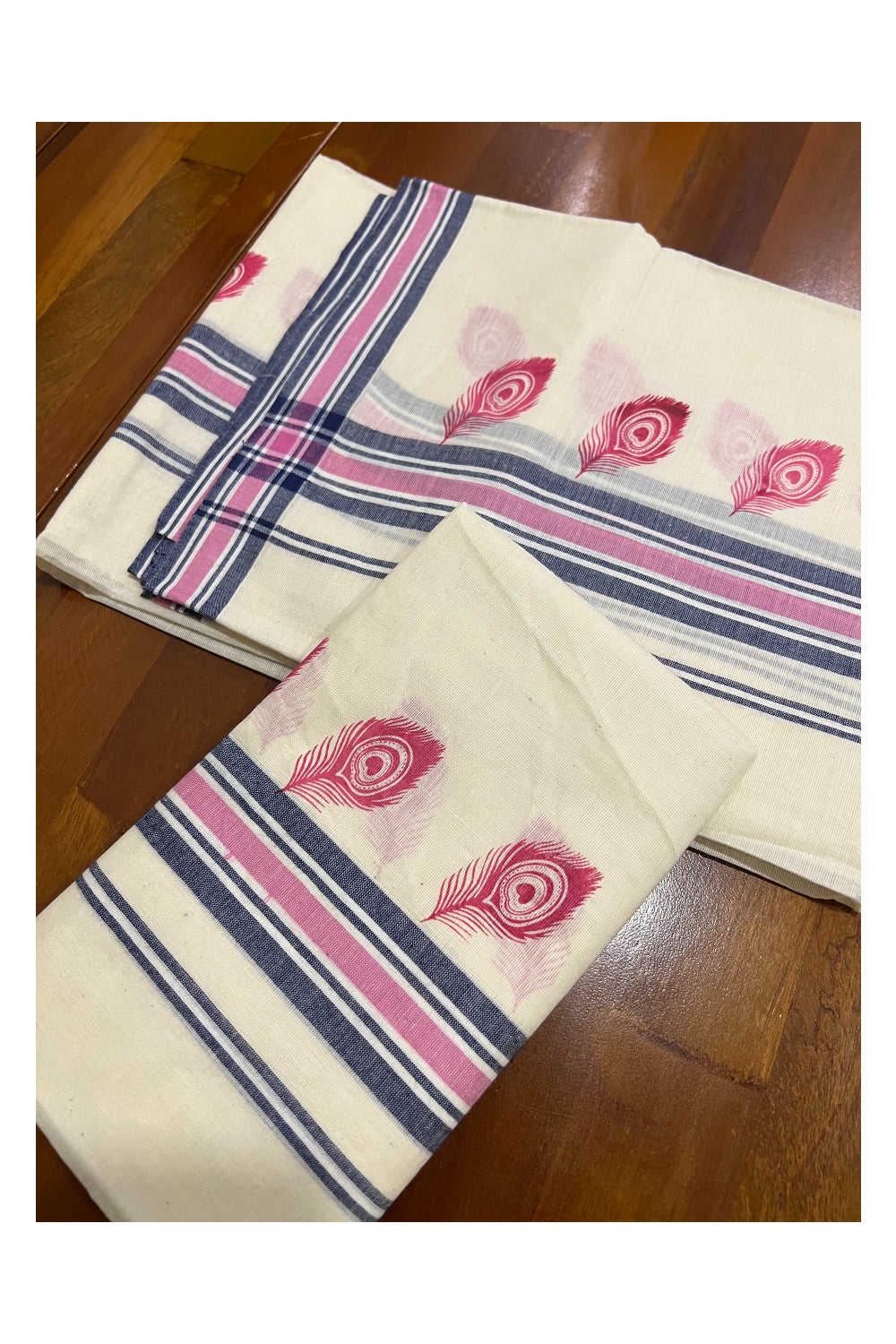 Pure Cotton Set Mundu (Mundum Neriyathum) with Pink Feather Block Prints on Blue and Pink Border