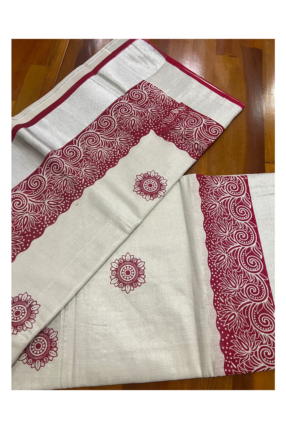 Kerala Silver Tissue Kasavu Saree with Mural Printed Maroon Floral Design