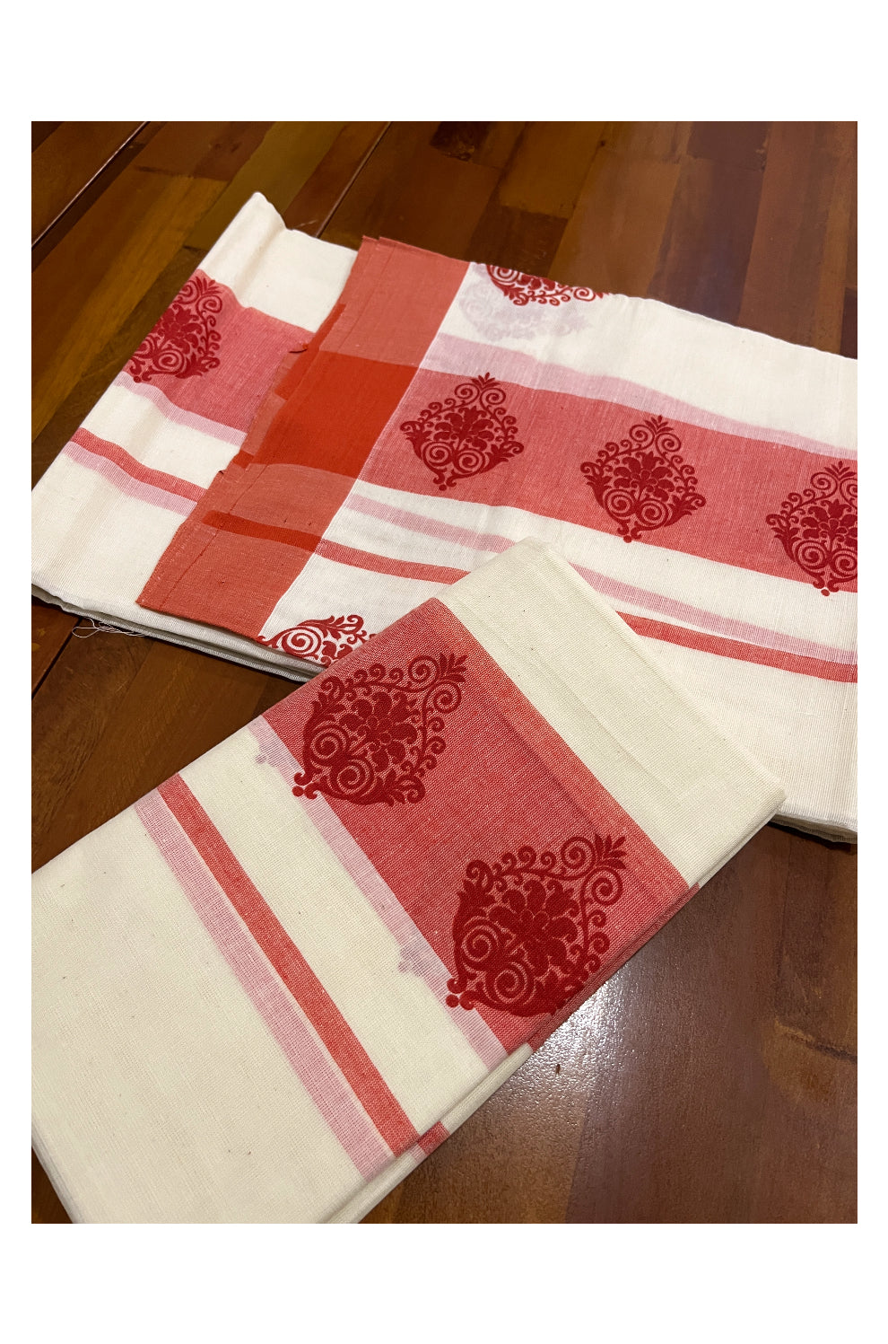 Kerala Cotton Set Mundu (Mundum Neriyathum) with Red Block Prints on Border