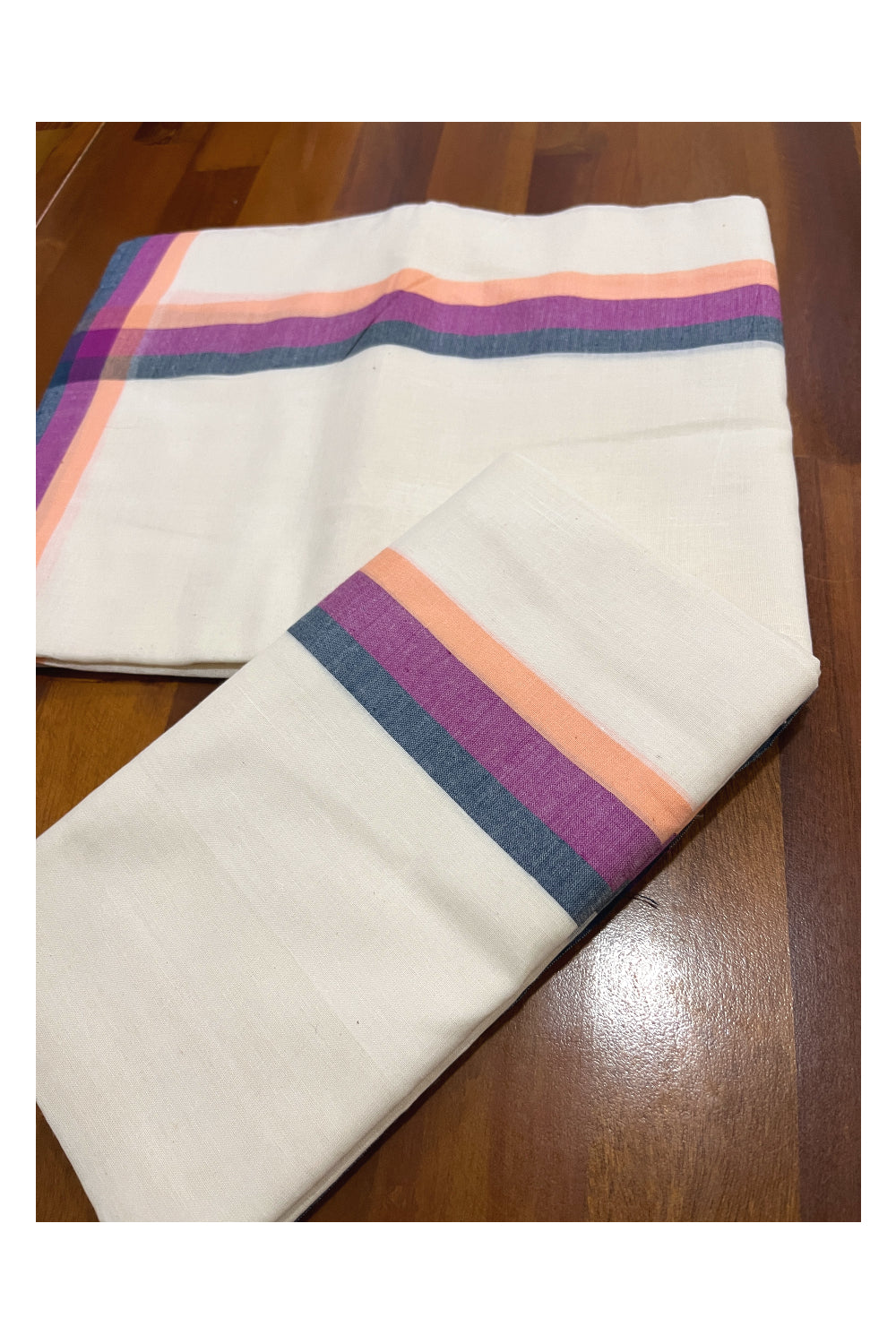 Kerala Cotton Mundum Neriyathum Single (Set Mundu) with Blue Magenta and Black Mulloth Border (Extra Soft Cotton)