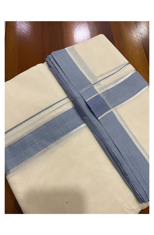 Pure Cotton Off White 100x100 Double Mundu with Silver Kasavu and Blue Border (South Indian Dhoti)