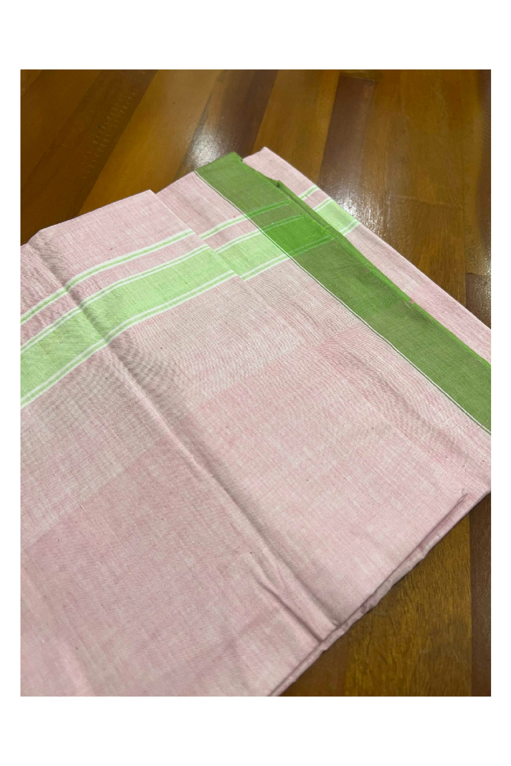 Southloom Premium Handloom Bright Pink Single Mundu with Green Border (Lungi)