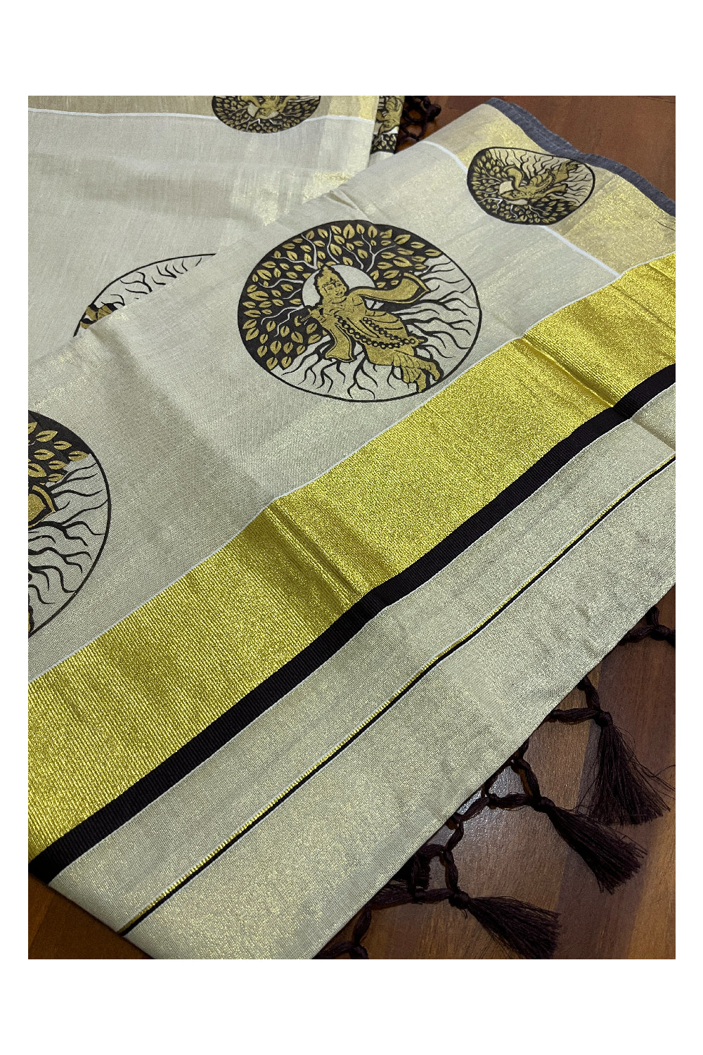 Kerala Tissue Kasavu Brown Golden Krishna Block Printed Design Saree