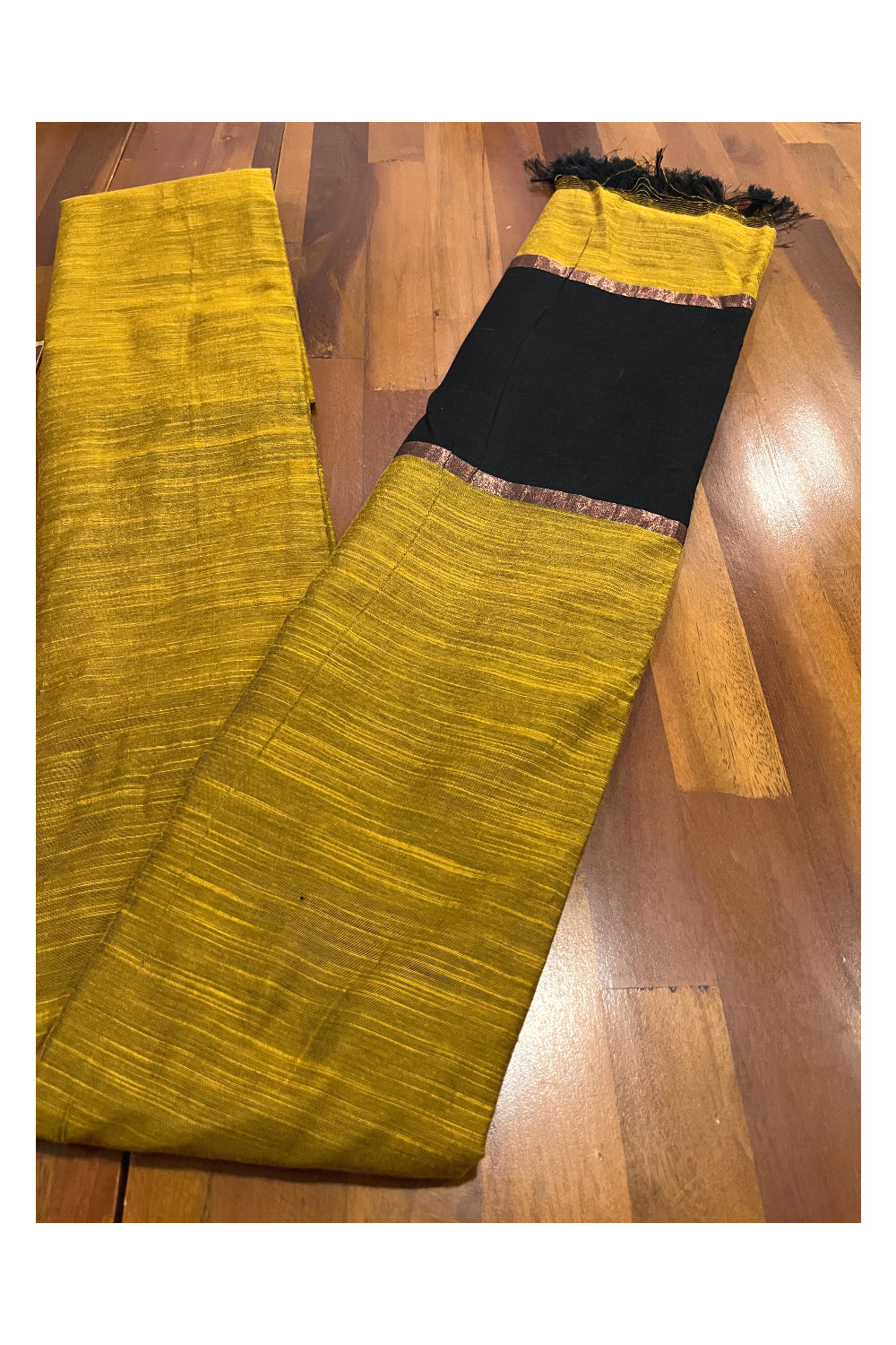 Southloom Cotton Yellow Saree with Kasavu Border and Black Running Blouse Piece