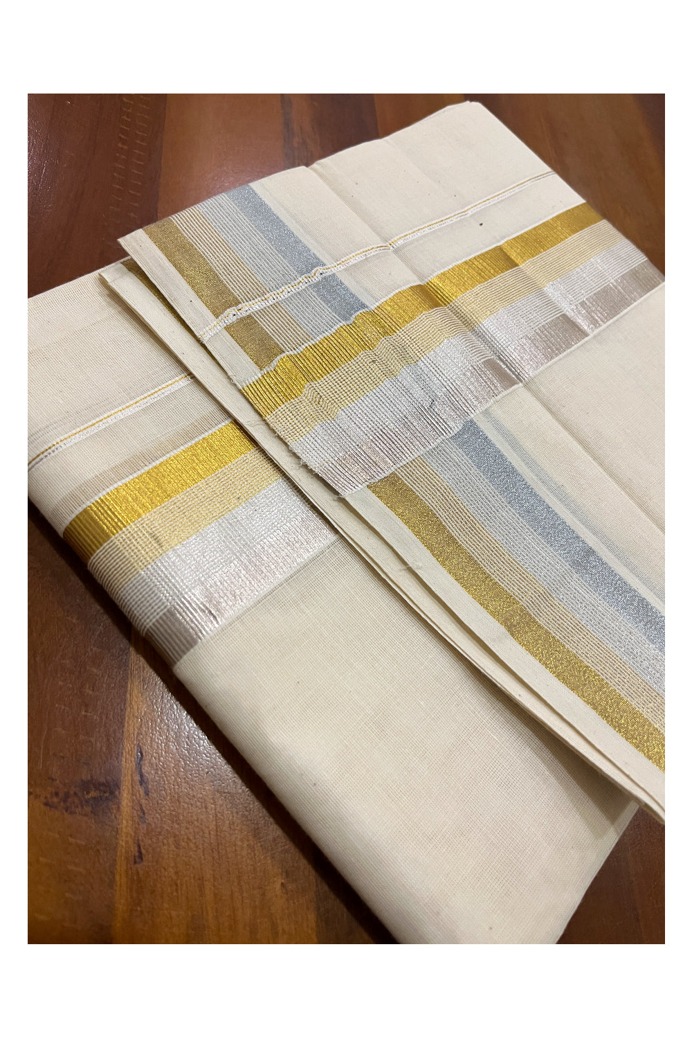 Pure Cotton Double Mundu with Golden and Silver Kasavu Kara (South Indian Dhoti)