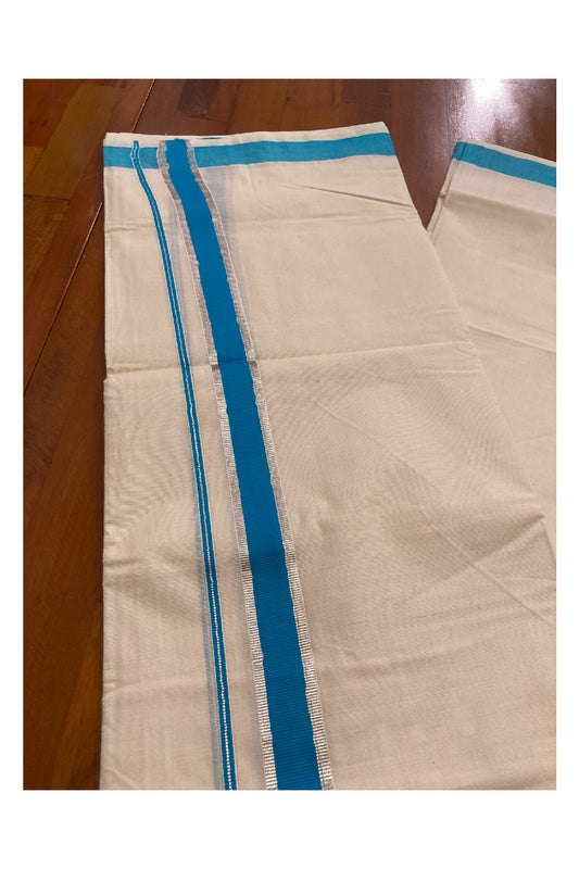 Off White Kerala Double Mundu with Silver Kasavu and Blue Kara (South Indian Dhoti)