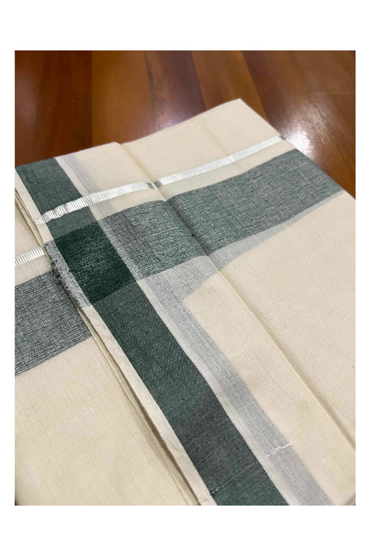 Off White Kerala Double Mundu with Silver Kasavu and Green Border (South Indian Dhoti)