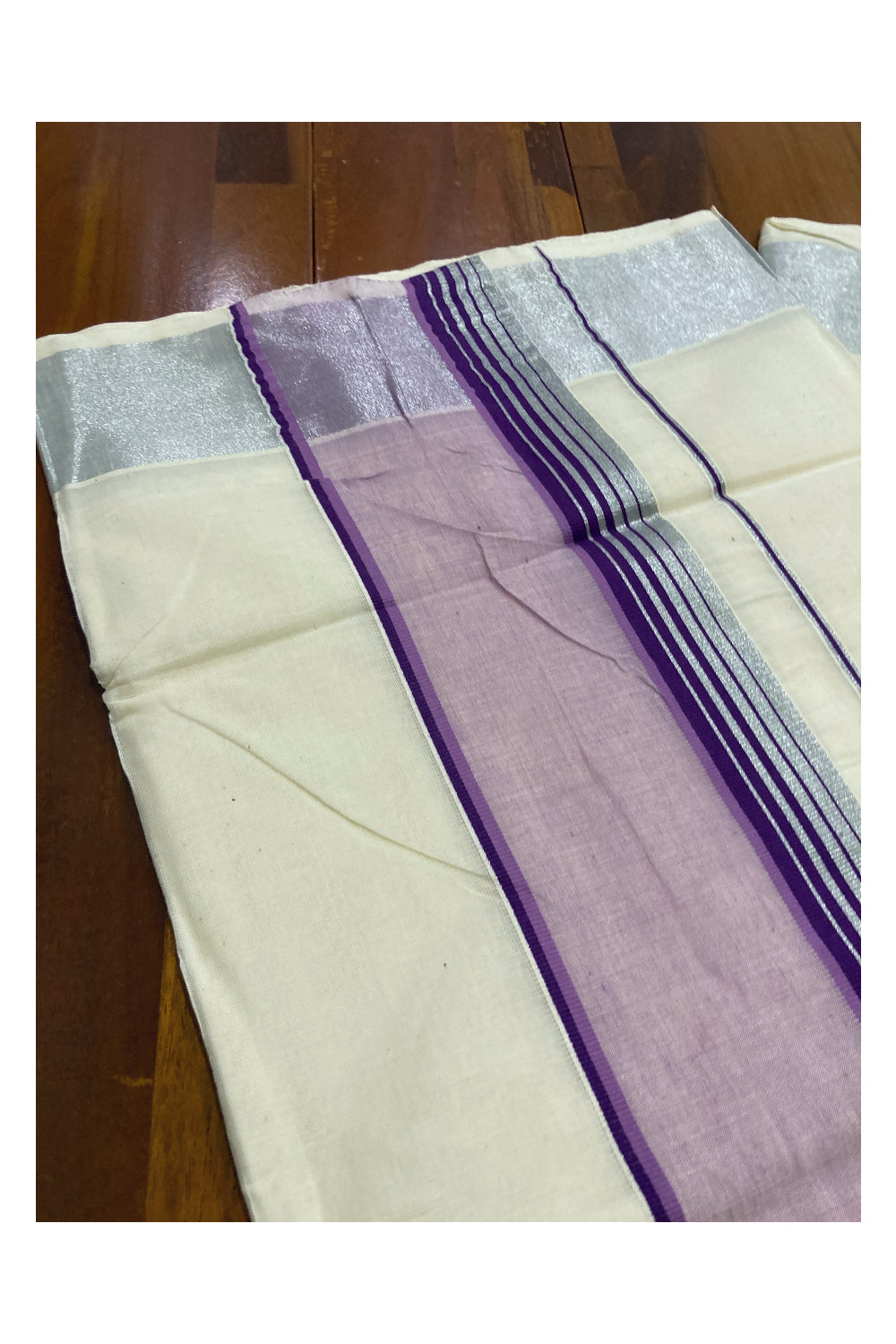 Pure Cotton Silver Kasavu Plain Saree with Purple and Violet Border