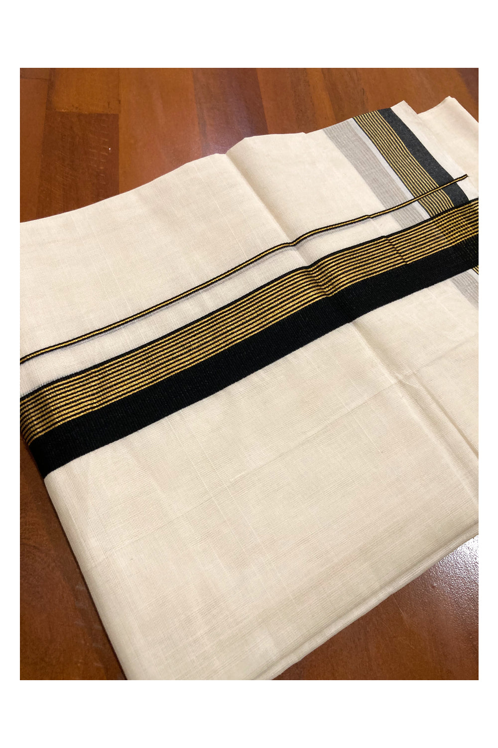 Southloom Premium Handloom Pure Cotton Mundu with Black and Kasavu Lines Border (South Indian Dhoti)