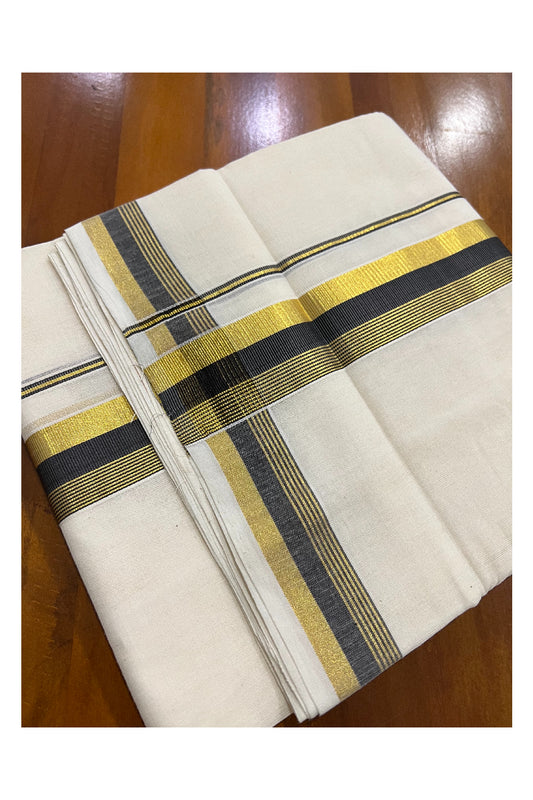 Southloom Kuthampully Handloom Pure Cotton Mundu with Golden and Black Kasavu Border (South Indian Dhoti)