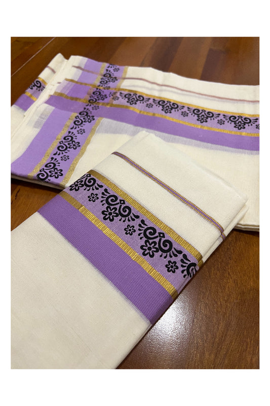 Southloom Onam 2022 Kasavu and Lavender Kara Set Mundu with Hand Block Print