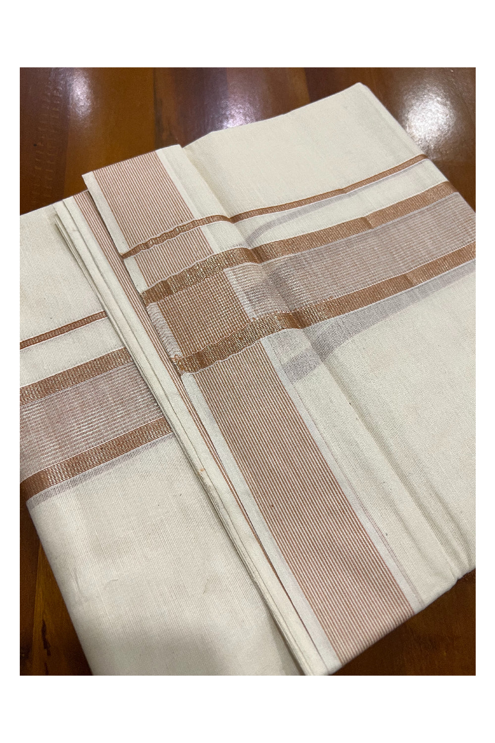 Pure Cotton Off White Double Mundu with Light Orange and Silver Kasavu Border (South Indian Dhoti)