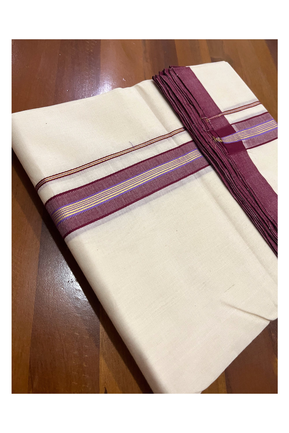 Southloom Premium Handloom Double Mundu with Maroon and Kasavu Border (South Indian Kerala Dhoti)