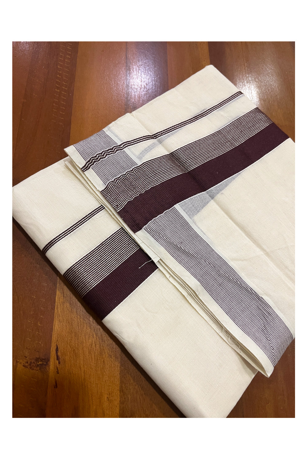 Pure Cotton Off White Double Mundu with Brown and Silver Line Kara (South Indian Dhoti)