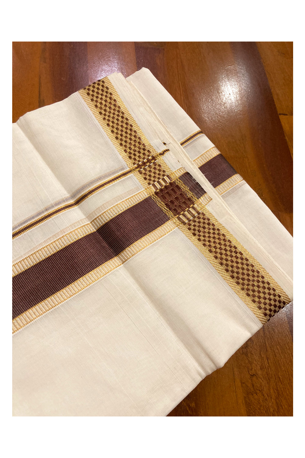 Southloom Premium Handloom Pure Cotton Mundu with Golden and Brown Kasavu Design Border (South Indian Dhoti)