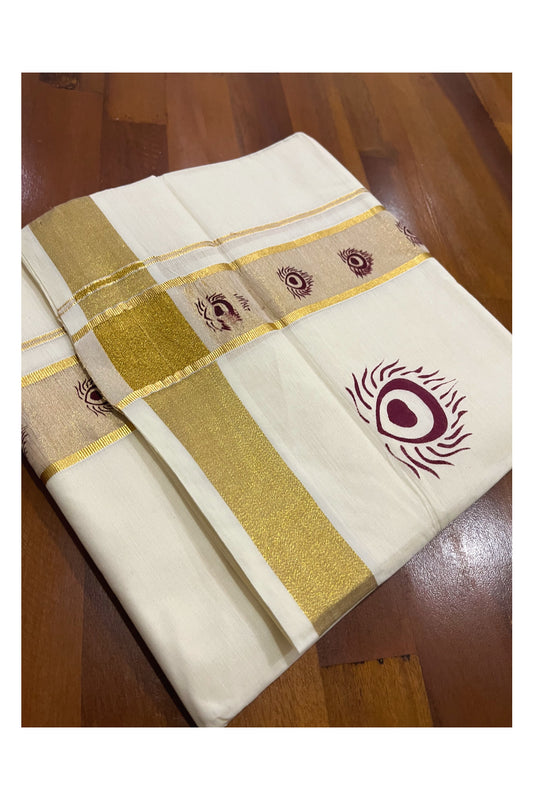 Pure Cotton Off White Double Mundu with Purple Block Prints on Kasavu Kara (South Indian Dhoti)