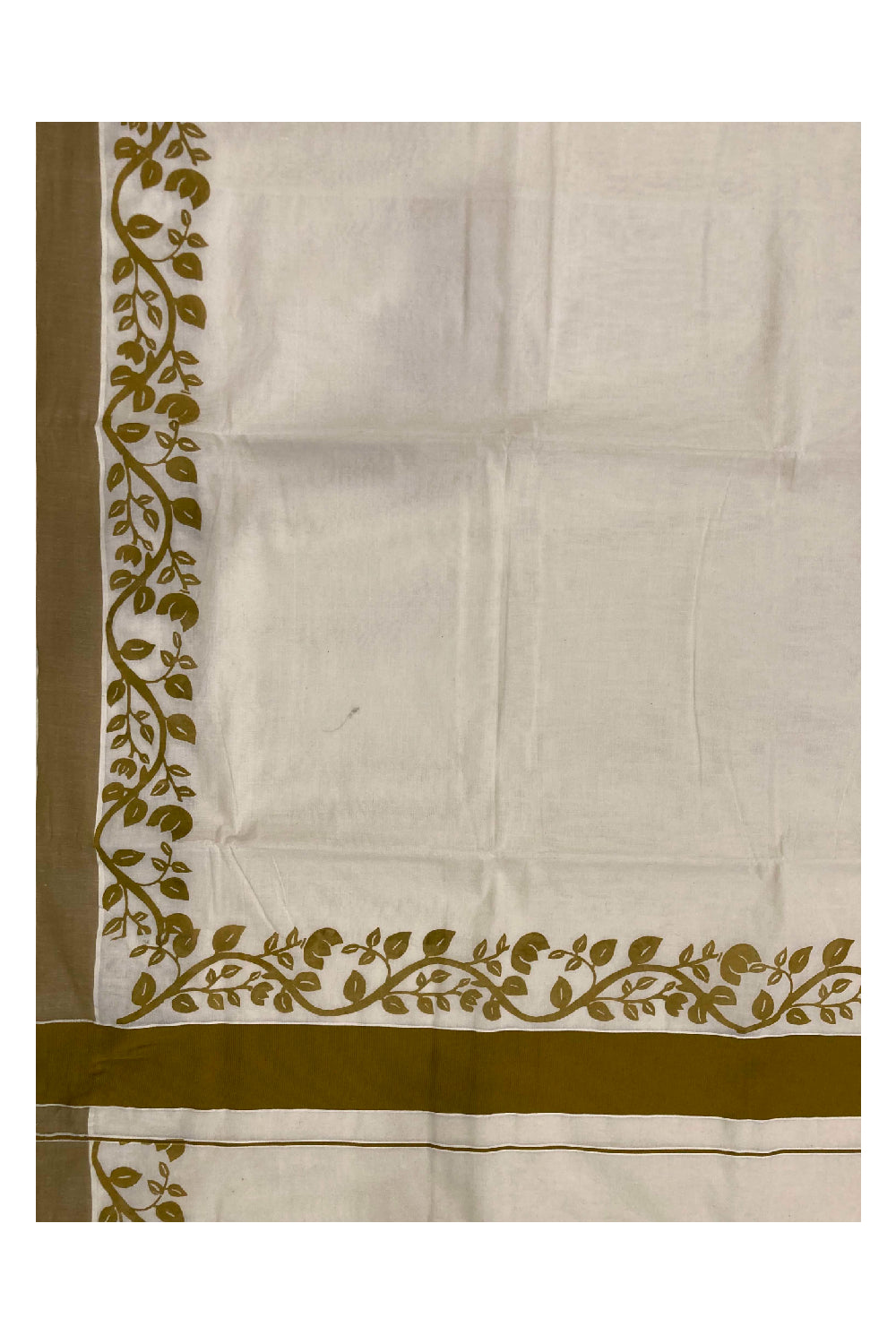 Southloom Original Design Kerala Saree with Khaki Colour Floral Vines Block Print