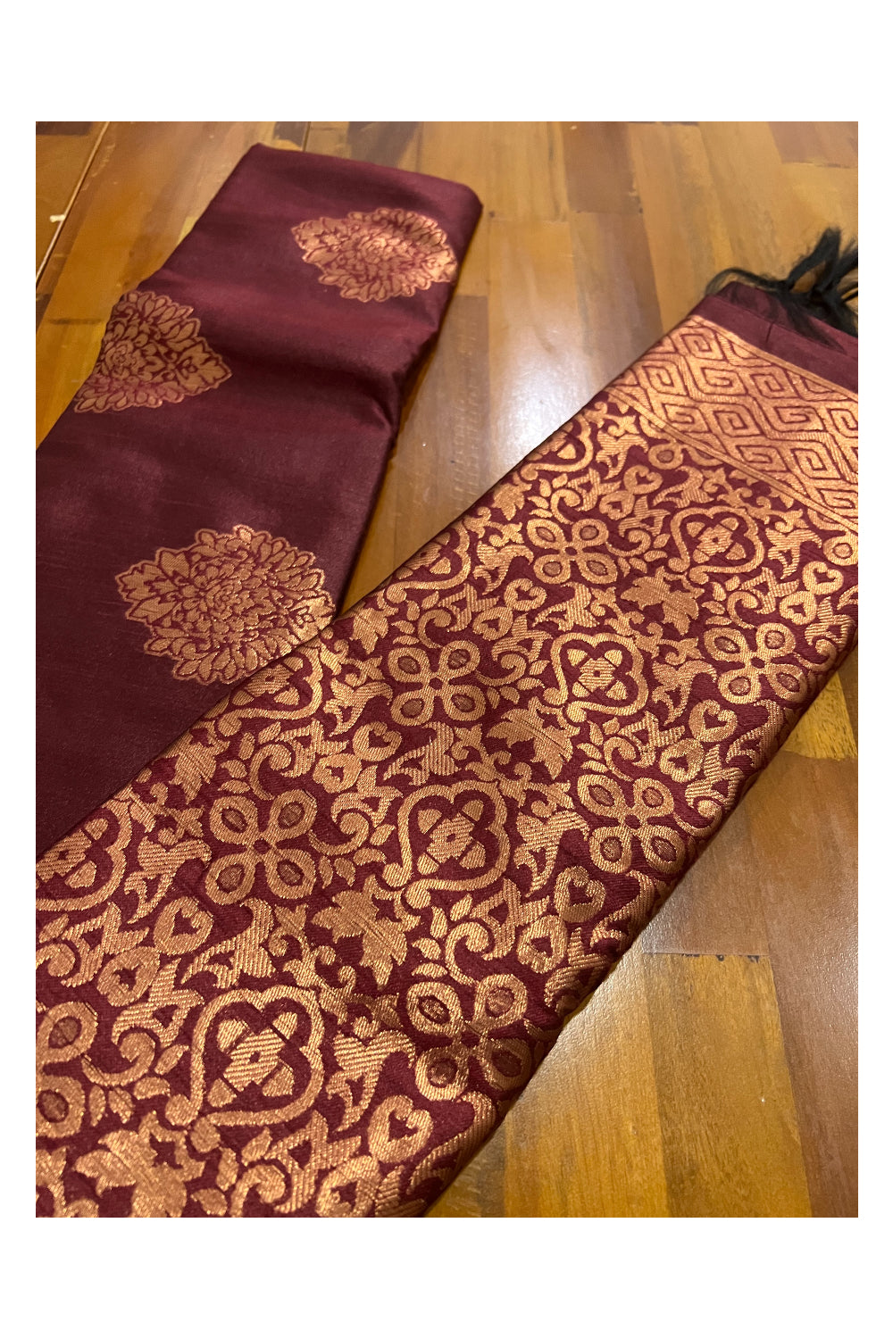 Southloom Maroon Semi Silk Designer Saree with Copper Kasavu Woven Works on Body